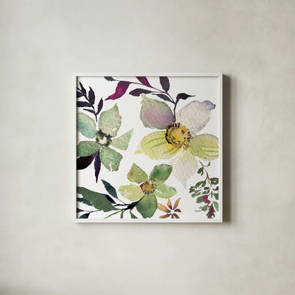 Hellebore Ya Doing III by Kristy Rice. Shown in a crisp white glass frame for a clean and minimalist style. Available as an archival giclee rolled canvas, fine art paper, or poster print. SKU 44118a.