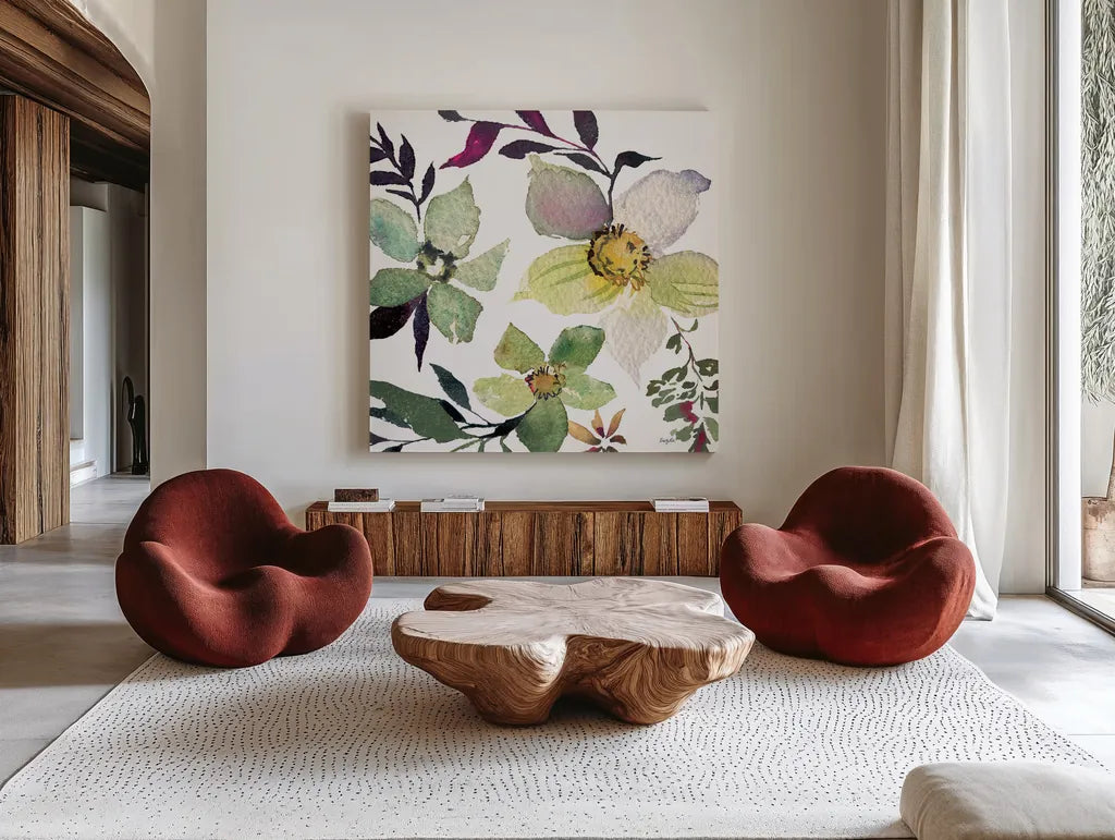 Hellebore Ya Doing III by Kristy Rice. Shown as extra-large giant wall art in a modern living room. Available as an archival giclee rolled canvas, fine art paper, or poster print. SKU 44118a.