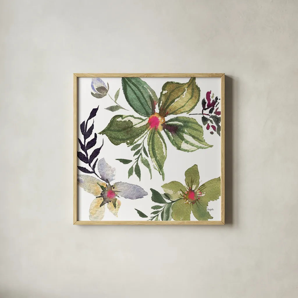 Hellebore Ya Doing IV by Kristy Rice. Shown in a natural wood glass frame for a timeless modern aesthetic. Available as an archival giclee rolled canvas, fine art paper, or poster print. SKU 44119a.