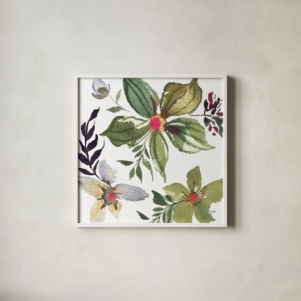 Hellebore Ya Doing IV by Kristy Rice. Shown in a crisp white glass frame for a clean and minimalist style. Available as an archival giclee rolled canvas, fine art paper, or poster print. SKU 44119a.