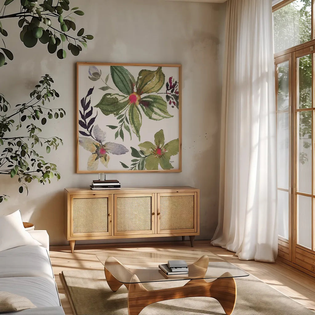 Hellebore Ya Doing IV by Kristy Rice. Shown in a natural wood frame in a cozy modern living room. Available as an archival giclee rolled canvas, fine art paper, or poster print. SKU 44119a.