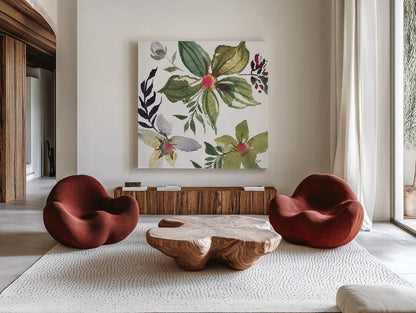 Hellebore Ya Doing IV by Kristy Rice. Shown as extra-large giant wall art in a modern living room. Available as an archival giclee rolled canvas, fine art paper, or poster print. SKU 44119a.