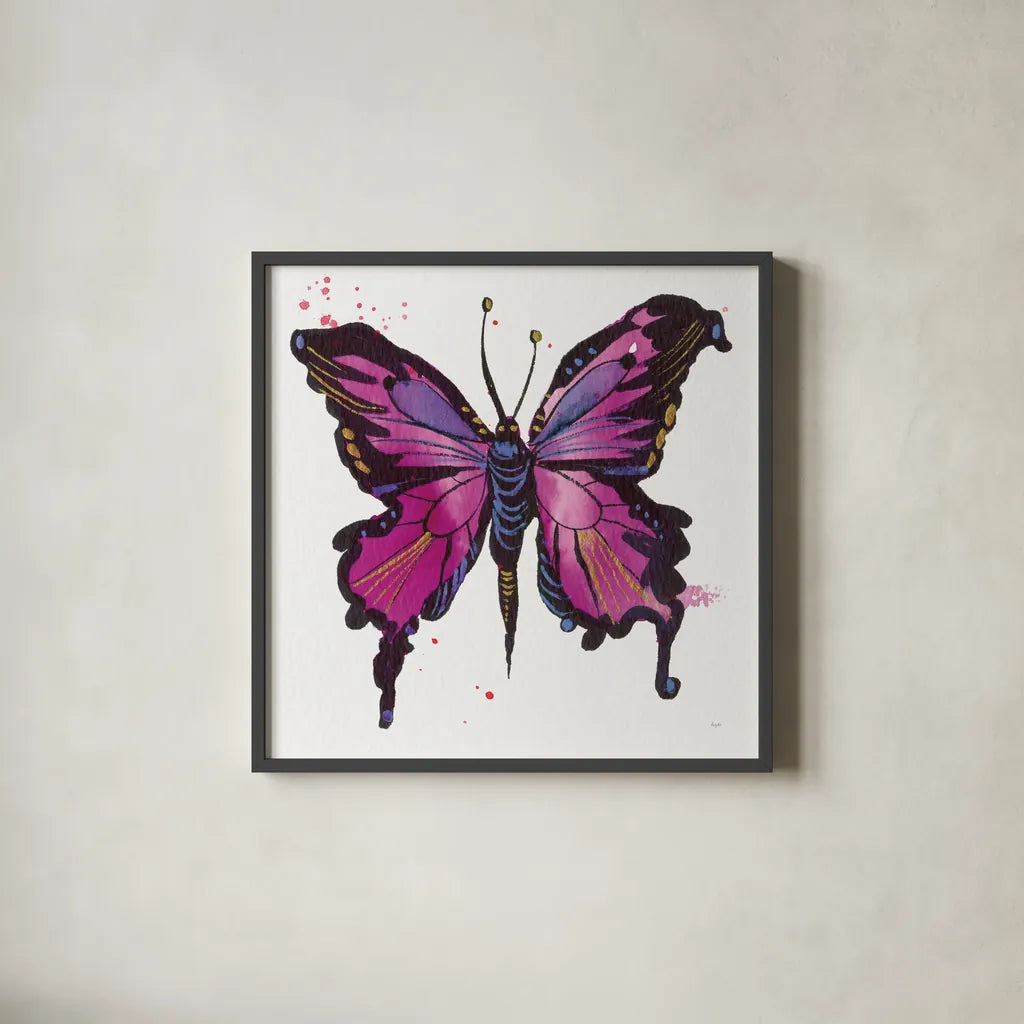 Jewel Butterfly I by Kristy Rice. Shown in a sleek black glass frame for a contemporary gallery look. Available as an archival giclee rolled canvas, fine art paper, or poster print. SKU 94268a.