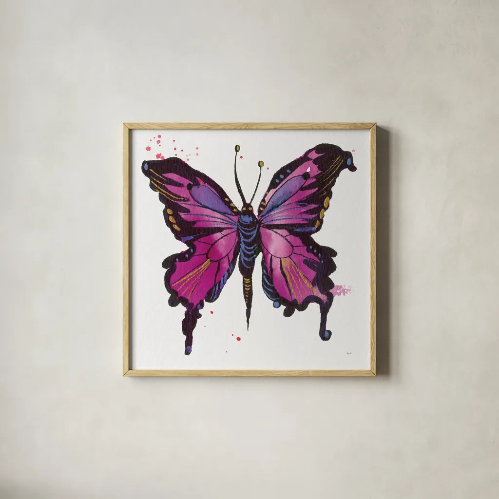 Jewel Butterfly I by Kristy Rice. Shown in a natural wood glass frame for a timeless modern aesthetic. Available as an archival giclee rolled canvas, fine art paper, or poster print. SKU 94268a.