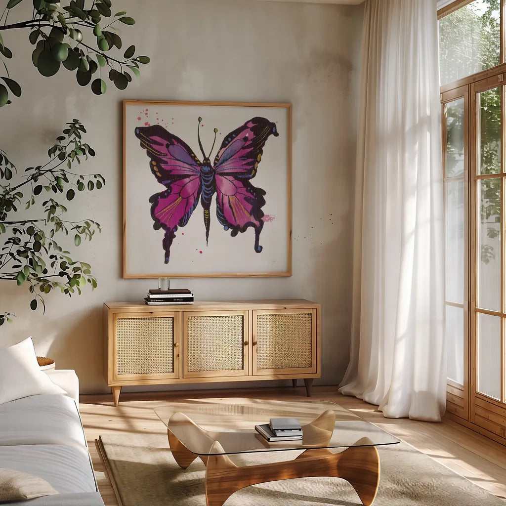 Jewel Butterfly I by Kristy Rice. Shown in a natural wood frame in a cozy modern living room. Available as an archival giclee rolled canvas, fine art paper, or poster print. SKU 94268a.