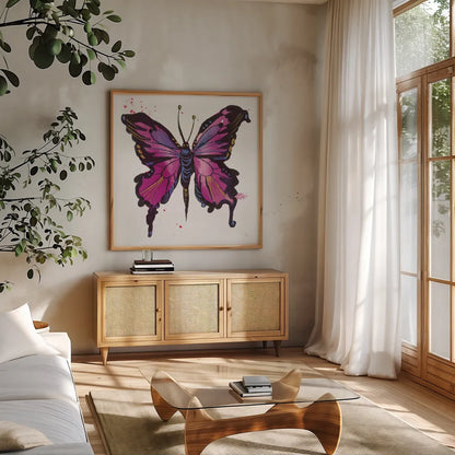 Jewel Butterfly I by Kristy Rice. Shown in a natural wood frame in a cozy modern living room. Available as an archival giclee rolled canvas, fine art paper, or poster print. SKU 94268a.
