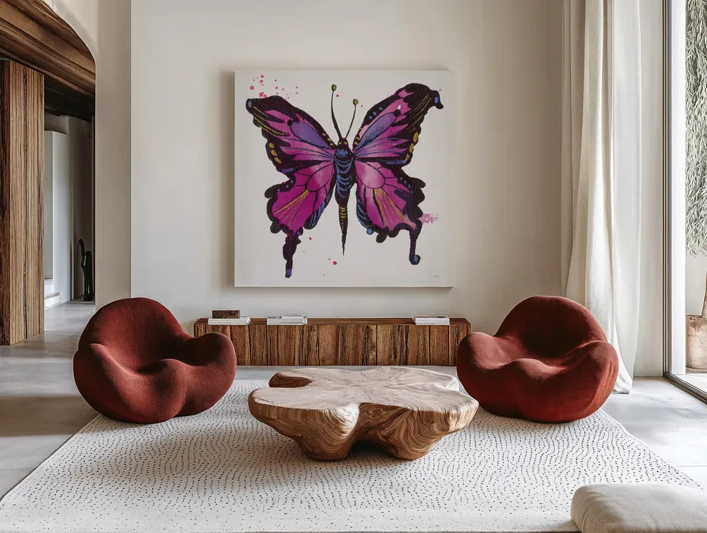 Jewel Butterfly I by Kristy Rice. Shown as extra-large giant wall art in a modern living room. Available as an archival giclee rolled canvas, fine art paper, or poster print. SKU 94268a.