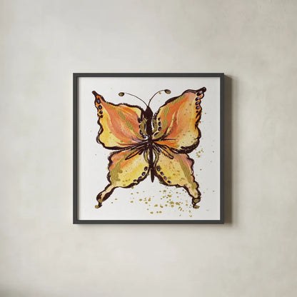 Jewel Butterfly II by Kristy Rice. Shown in a sleek black glass frame for a contemporary gallery look. Available as an archival giclee rolled canvas, fine art paper, or poster print. SKU 94634a.