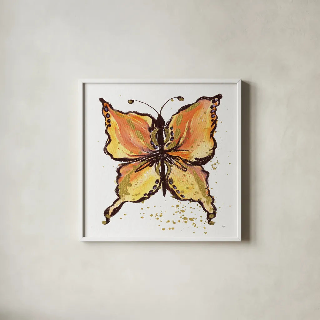 Jewel Butterfly II by Kristy Rice. Shown in a crisp white glass frame for a clean and minimalist style. Available as an archival giclee rolled canvas, fine art paper, or poster print. SKU 94634a.