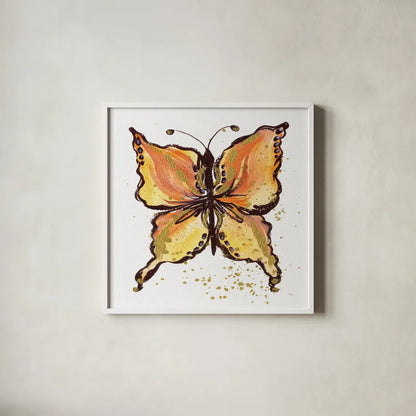 Jewel Butterfly II by Kristy Rice. Shown in a crisp white glass frame for a clean and minimalist style. Available as an archival giclee rolled canvas, fine art paper, or poster print. SKU 94634a.