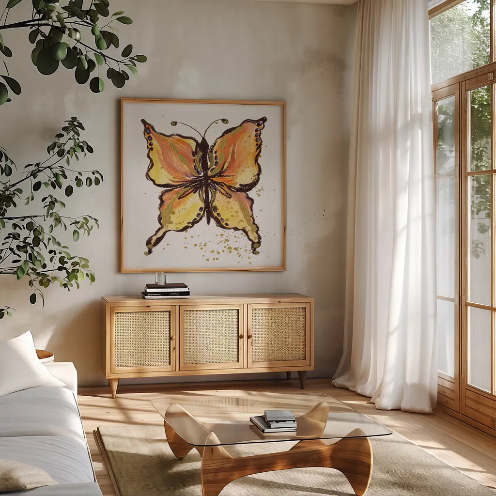 Jewel Butterfly II by Kristy Rice. Shown in a natural wood frame in a cozy modern living room. Available as an archival giclee rolled canvas, fine art paper, or poster print. SKU 94634a.
