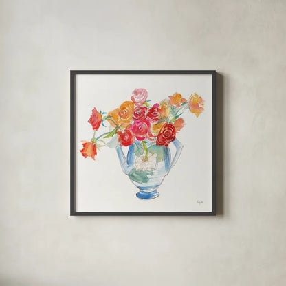 Joy Bouquet by Kristy Rice. Shown in a sleek black glass frame for a contemporary gallery look. Available as an archival giclee rolled canvas, fine art paper, or poster print. SKU 95239a.