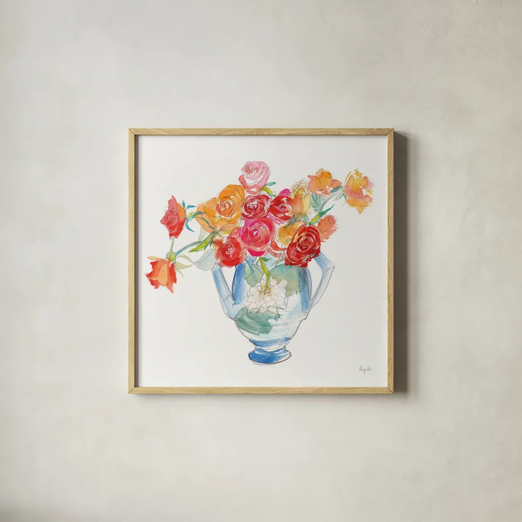Joy Bouquet by Kristy Rice. Shown in a natural wood glass frame for a timeless modern aesthetic. Available as an archival giclee rolled canvas, fine art paper, or poster print. SKU 95239a.