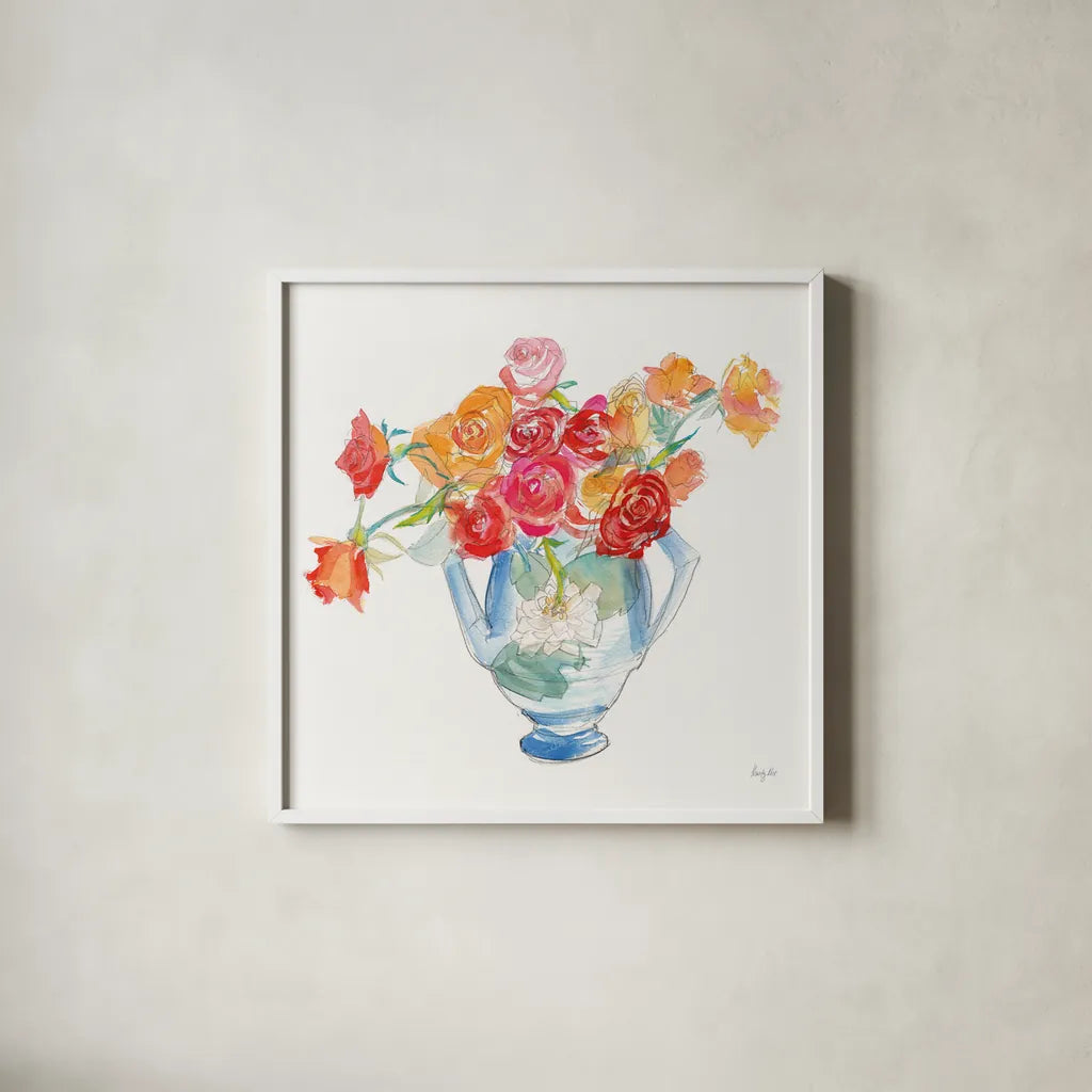 Joy Bouquet by Kristy Rice. Shown in a crisp white glass frame for a clean and minimalist style. Available as an archival giclee rolled canvas, fine art paper, or poster print. SKU 95239a.