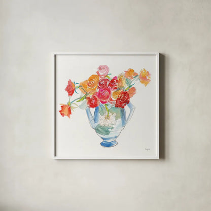 Joy Bouquet by Kristy Rice. Shown in a crisp white glass frame for a clean and minimalist style. Available as an archival giclee rolled canvas, fine art paper, or poster print. SKU 95239a.