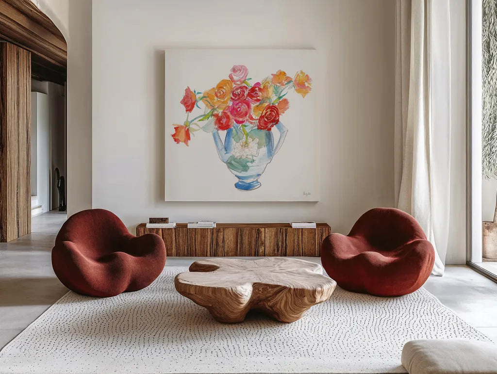Joy Bouquet by Kristy Rice. Shown as extra-large giant wall art in a modern living room. Available as an archival giclee rolled canvas, fine art paper, or poster print. SKU 95239a.