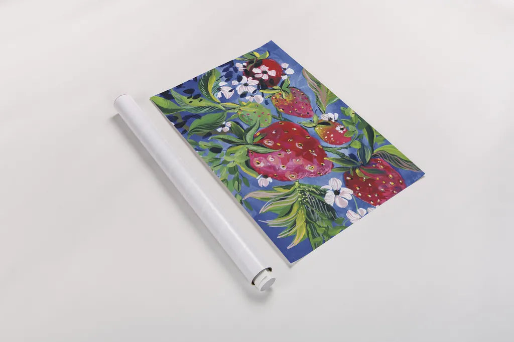 Juicy Strawberries by Kristy Rice. shown as a rolled paper print. Available as archival giclee rolled canvas, fine art paper, or poster print. SKU 100248h.