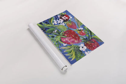 Juicy Strawberries by Kristy Rice. shown as a rolled paper print. Available as archival giclee rolled canvas, fine art paper, or poster print. SKU 100248h.