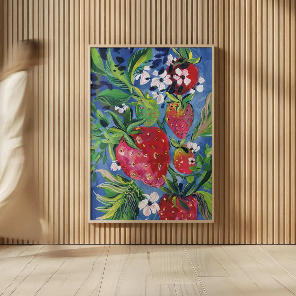 Juicy Strawberries by Kristy Rice. shown as over sized large wall art. Available as an archival giclee rolled canvas, fine art paper, or poster print. SKU 100248h.