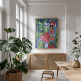 Juicy Strawberries by Kristy Rice. shown as a print in a natural wood frame in a dining room. Available as a archival giclee rolled canvas, fine art paper, or poster print. SKU 100248h.
