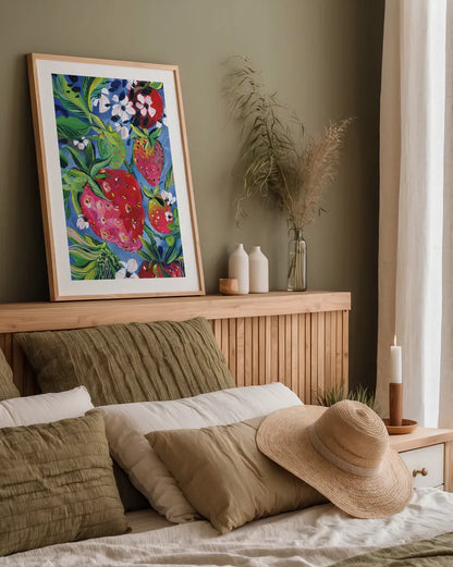 Juicy Strawberries by Kristy Rice. shown as a paper print in a natural frame. Available as a archival giclee rolled canvas, fine art paper, or poster print. SKU 100248h.