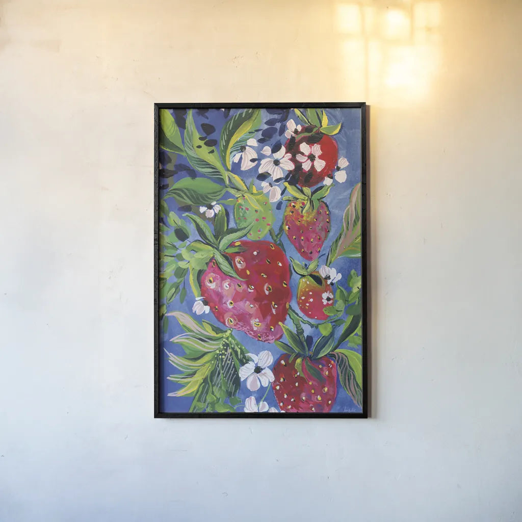 Juicy Strawberries by Kristy Rice. shown as a paper print in a black flame. Available as a archival giclee rolled canvas, fine art paper, or poster print. SKU 100248h.