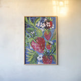 Juicy Strawberries by Kristy Rice. shown as a paper print in a natural frame. Available as a archival giclee rolled canvas, fine art paper, or poster print. SKU 100248h.