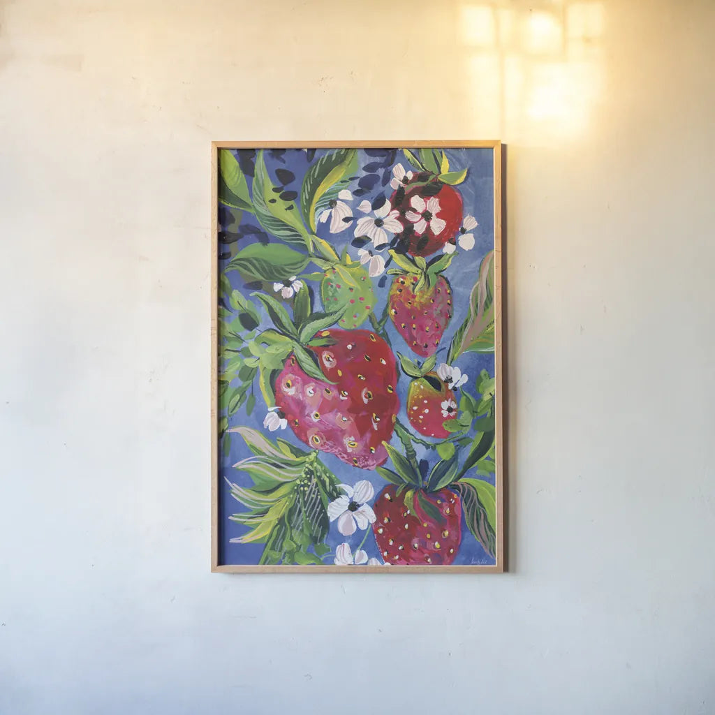 Juicy Strawberries by Kristy Rice. shown as a paper print in a natural frame. Available as a archival giclee rolled canvas, fine art paper, or poster print. SKU 100248h.