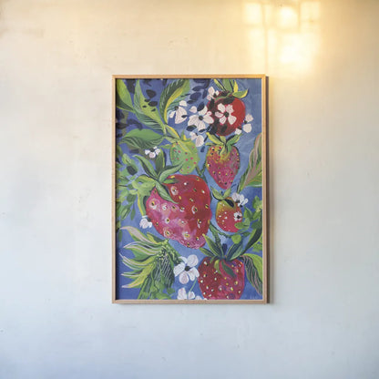 Juicy Strawberries by Kristy Rice. shown as a paper print in a natural frame. Available as a archival giclee rolled canvas, fine art paper, or poster print. SKU 100248h.