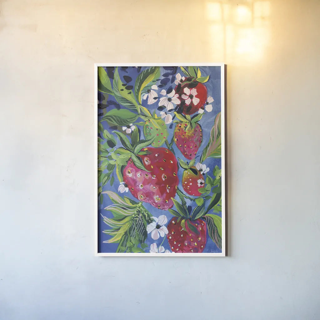 Juicy Strawberries by Kristy Rice. shown as a paper print in a white frame. Available as a archival giclee rolled canvas, fine art paper, or poster print. SKU 100248h.
