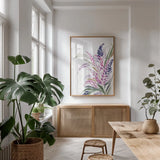 Lavender Bouquet by Kristy Rice. shown as a print in a natural wood frame in a dining room. Available as a archival giclee rolled canvas, fine art paper, or poster print. SKU 87464h.