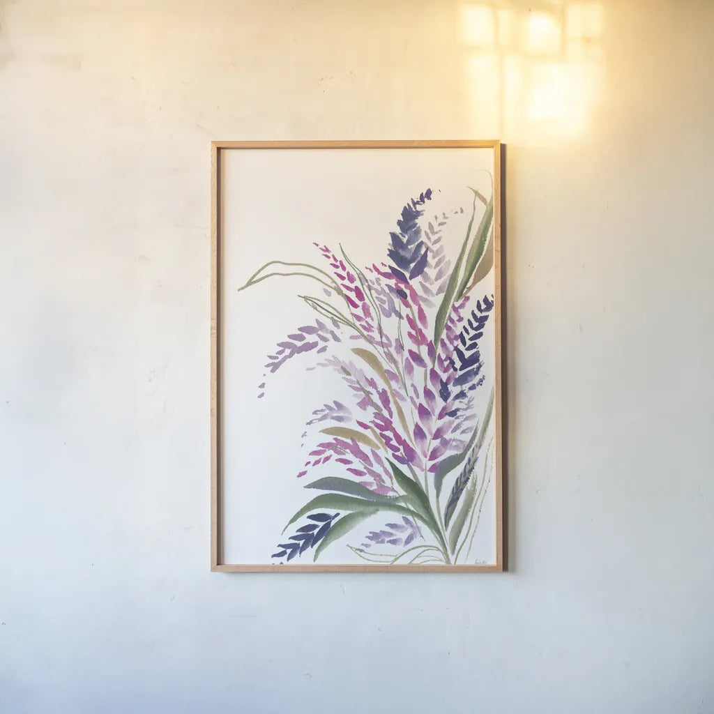 Lavender Bouquet by Kristy Rice. shown as a paper print in a natural frame. Available as a archival giclee rolled canvas, fine art paper, or poster print. SKU 87464h.