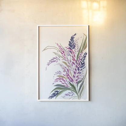 Lavender Bouquet by Kristy Rice. shown as a paper print in a white frame. Available as a archival giclee rolled canvas, fine art paper, or poster print. SKU 87464h.