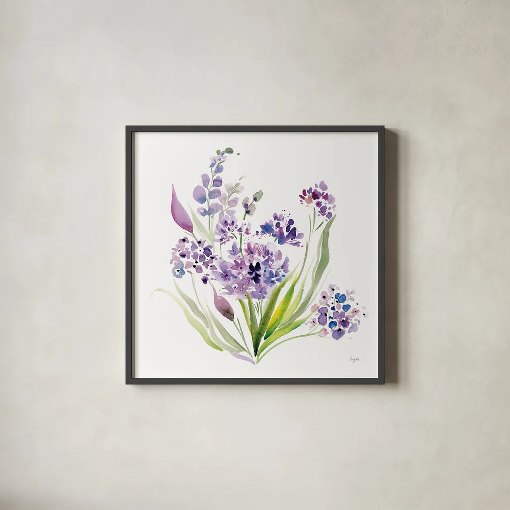 Lavender Love by Kristy Rice. Shown in a sleek black glass frame for a contemporary gallery look. Available as an archival giclee rolled canvas, fine art paper, or poster print. SKU 87465a.