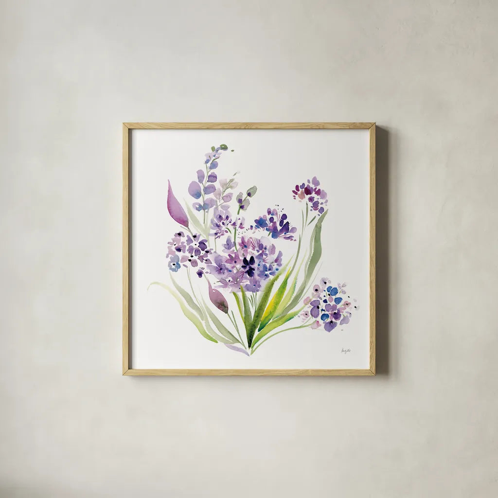 Lavender Love by Kristy Rice. Shown in a natural wood glass frame for a timeless modern aesthetic. Available as an archival giclee rolled canvas, fine art paper, or poster print. SKU 87465a.