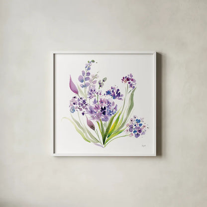 Lavender Love by Kristy Rice. Shown in a crisp white glass frame for a clean and minimalist style. Available as an archival giclee rolled canvas, fine art paper, or poster print. SKU 87465a.
