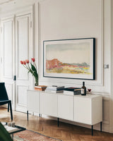 Looking Out Neutral by Kristy Rice. shown as a framed stretched canvas in a living room above a console. Available as a archival giclee rolled canvas, fine art paper, or poster print. SKU 70207i.