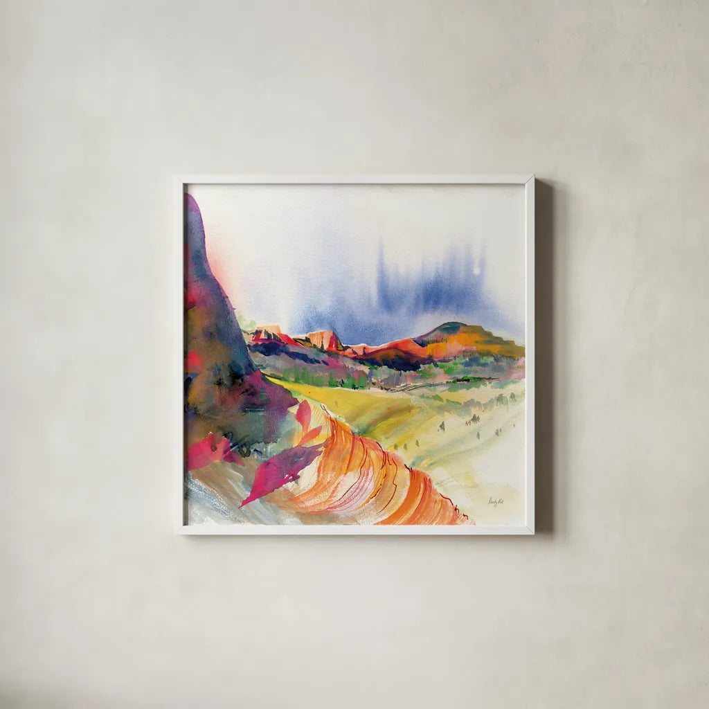 Lookout Point by Kristy Rice. Shown in a crisp white glass frame for a clean and minimalist style. Available as an archival giclee rolled canvas, fine art paper, or poster print. SKU 90386a.