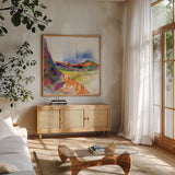 Lookout Point by Kristy Rice. Shown in a natural wood frame in a cozy modern living room. Available as an archival giclee rolled canvas, fine art paper, or poster print. SKU 90386a.