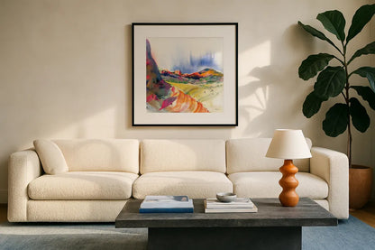 Lookout Point by Kristy Rice. Displayed in a glass frame with matte in a clean modern living room. Available as an archival giclee rolled canvas, fine art paper, or poster print. SKU 90386a.