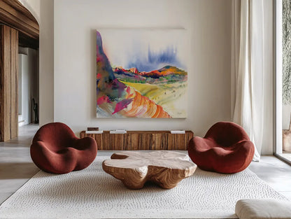Lookout Point by Kristy Rice. Shown as extra-large giant wall art in a modern living room. Available as an archival giclee rolled canvas, fine art paper, or poster print. SKU 90386a.