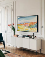 Mesa View II by Kristy Rice. shown as a framed stretched canvas in a living room above a console. Available as a archival giclee rolled canvas, fine art paper, or poster print. SKU 59820i.