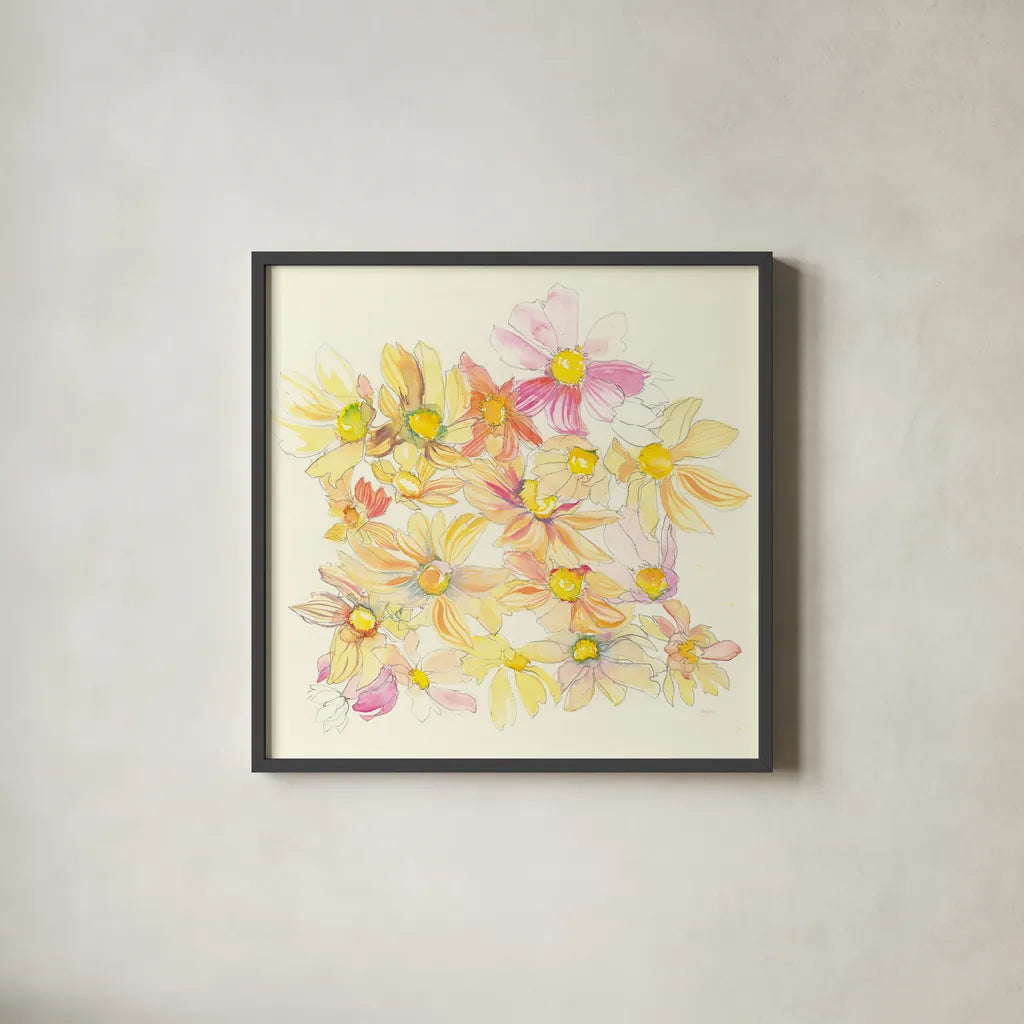 Pastel Garden Daisies by Kristy Rice. Shown in a sleek black glass frame for a contemporary gallery look. Available as an archival giclee rolled canvas, fine art paper, or poster print. SKU 59878a.