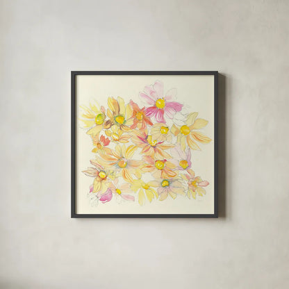 Pastel Garden Daisies by Kristy Rice. Shown in a sleek black glass frame for a contemporary gallery look. Available as an archival giclee rolled canvas, fine art paper, or poster print. SKU 59878a.