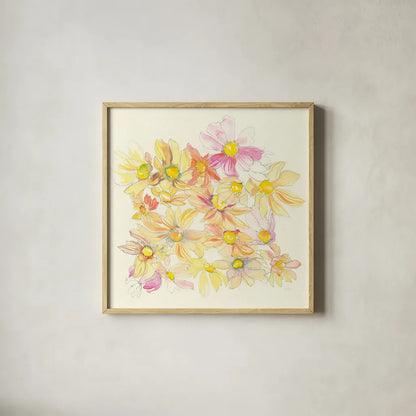 Pastel Garden Daisies by Kristy Rice. Shown in a natural wood glass frame for a timeless modern aesthetic. Available as an archival giclee rolled canvas, fine art paper, or poster print. SKU 59878a.