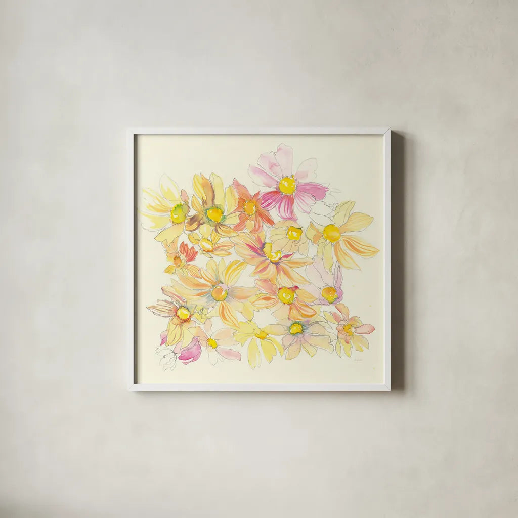Pastel Garden Daisies by Kristy Rice. Shown in a crisp white glass frame for a clean and minimalist style. Available as an archival giclee rolled canvas, fine art paper, or poster print. SKU 59878a.