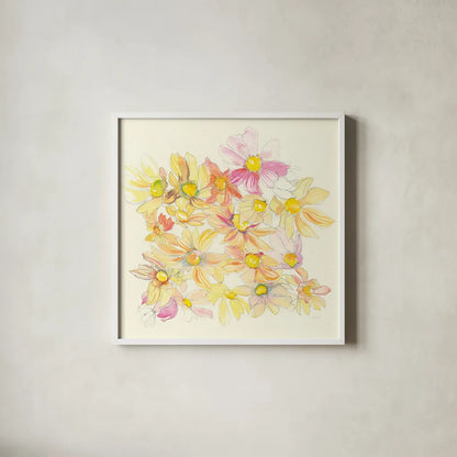 Pastel Garden Daisies by Kristy Rice. Shown in a crisp white glass frame for a clean and minimalist style. Available as an archival giclee rolled canvas, fine art paper, or poster print. SKU 59878a.