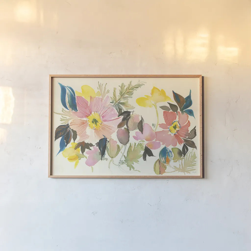 Pastel Garden I by Kristy Rice. shown as a paper print in a natural frame. Available as a archival giclee rolled canvas, fine art paper, or poster print. SKU 59876i.