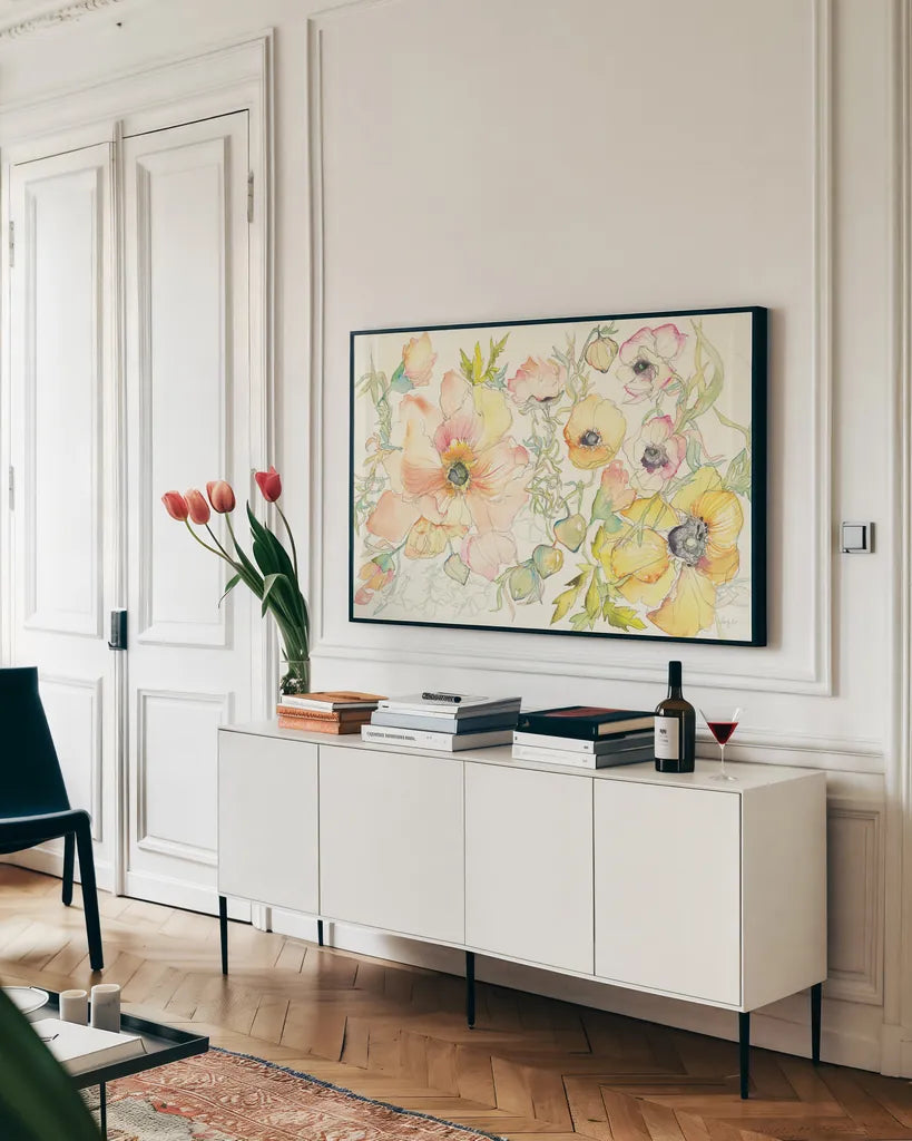 Pastel Garden II by Kristy Rice. shown as a framed stretched canvas in a living room above a console. Available as a archival giclee rolled canvas, fine art paper, or poster print. SKU 59877i.