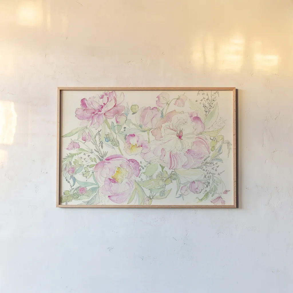 Peony Garden by Kristy Rice. shown as a paper print in a natural frame. Available as a archival giclee rolled canvas, fine art paper, or poster print. SKU 59826i.
